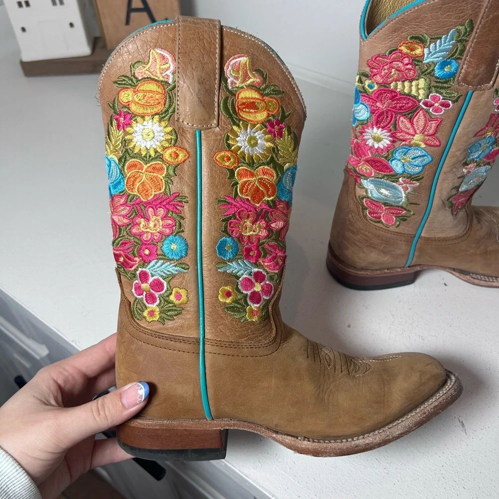 Macie Bean Girls Western Boots Size 2 Floral Embroidered Leather Cowgirl Boots - Picture 6 of 8